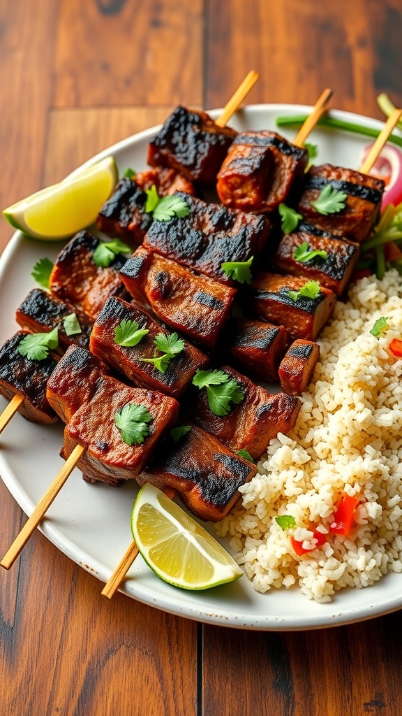 Grilled Lemongrass Beef Skewers Recipe Grilled lemongrass beef skewers served with rice and salad on a wooden table.